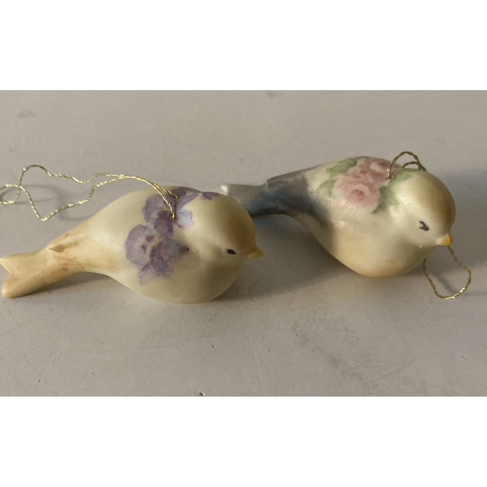 2 Vintage Hand Painted Porcelain Blue Bird Figurine Ornament Fenton? Signed Wolf